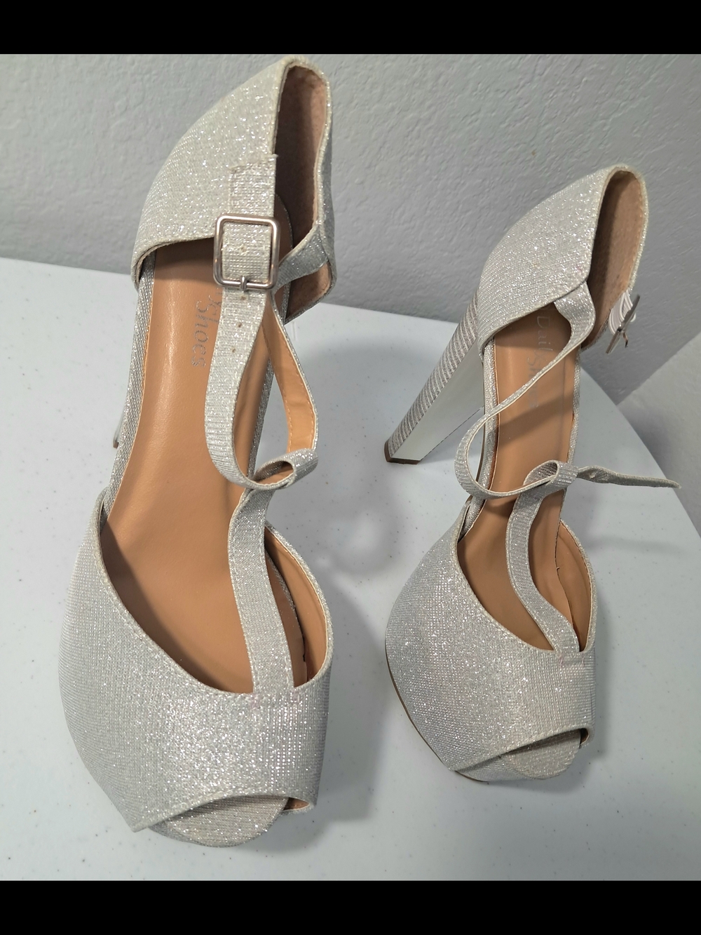 Silver Sparkle Platform Peep-Toe Block 5.5" Heel Sandals Glitter Shimmery Size 9
